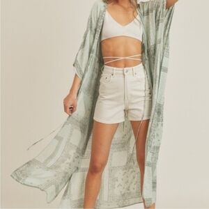 Lush "Sage Patchwork" Kimono Cover-Up With Tie, Small, Style#T17350-1